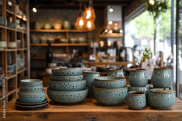 Fototapeta A collection of handmade ceramic dishes displayed on a wooden counter in a cozy artisanal store with warm lighting