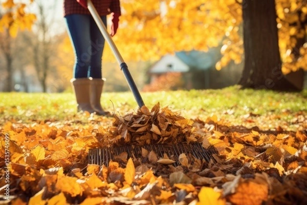 Obraz Individual raking colorful autumn leaves in a vibrant garden, surrounded by golden foliage and a serene atmosphere, showcasing seasonal outdoor activities and nature's beauty