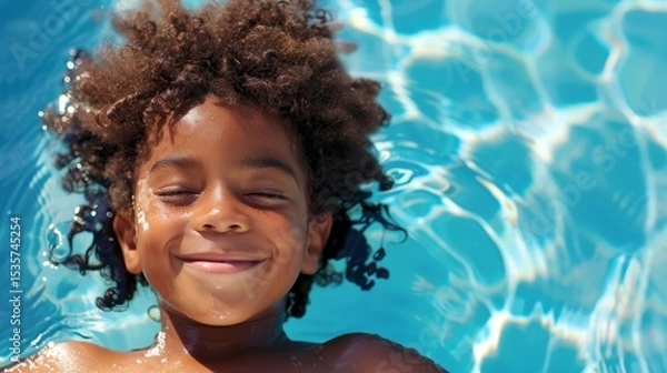Obraz Young boy with curly hair is smiling joyfully while floating in a clear blue swimming pool, capturing the essence of summer fun and carefree childhood moments