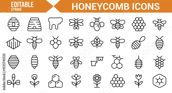 Fototapeta Editable icons for beekeeping, honey production, and hive patterns.