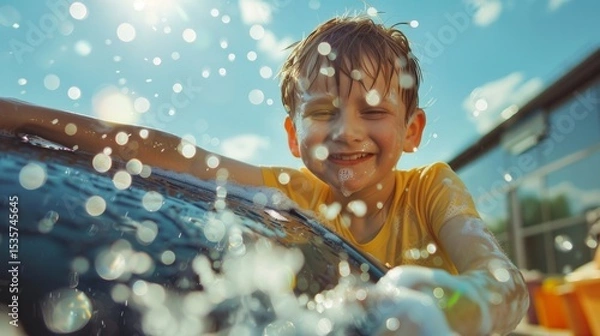 Obraz Young boy joyfully washing a car with soap and water, surrounded by sunlight and splashes, capturing a playful moment of childhood and summer fun