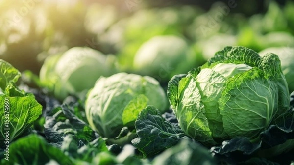 Obraz Fresh green cabbages growing in a lush field, surrounded by vibrant leaves, illuminated by soft sunlight, showcasing the beauty of agricultural produce and nature's bounty