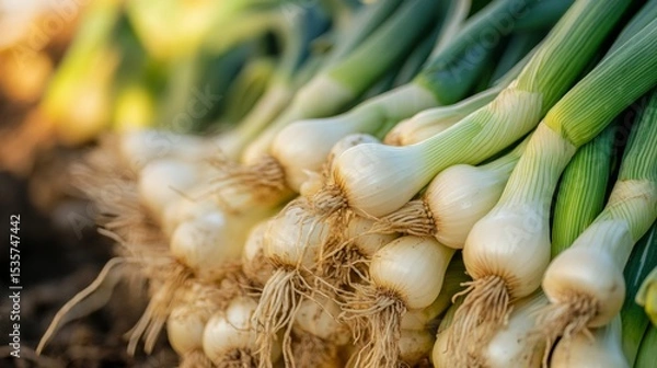 Obraz Fresh green onions harvested from the soil, showcasing vibrant colors and textures, arranged in a neat pile, highlighting the natural beauty of organic produce