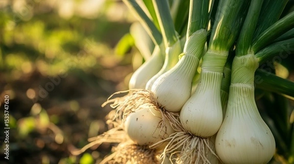 Obraz Fresh green onions with vibrant roots are gathered together in a lush garden, showcasing their natural beauty and organic farming practices in a sunlit environment