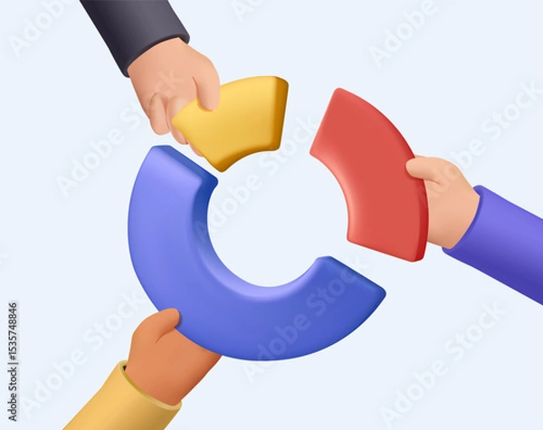 Fototapeta Human hands holding pieces of pie chart, taking pieces of multicolored diagram isolated on light background. Goals, objectives, plans. 3D render vector illustration. Inspiration, idea. Concept of work