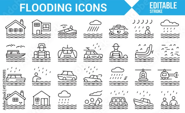 Fototapeta Editable icons for water disasters, flooding, and emergency shelters.