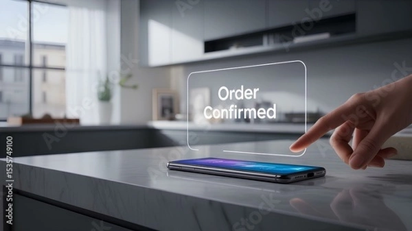 Fototapeta Smartphone screen displaying order confirmation symbolizing e-commerce, digital transactions, mobile payments, and the convenience of online shopping and retail purchases, phone app checkout confirmed