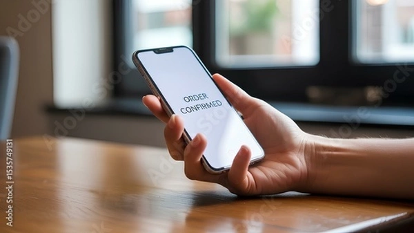 Fototapeta Smartphone screen displaying order confirmation symbolizing e-commerce, digital transactions, mobile payments, and the convenience of online shopping and service retail purchases, checkout confirmed