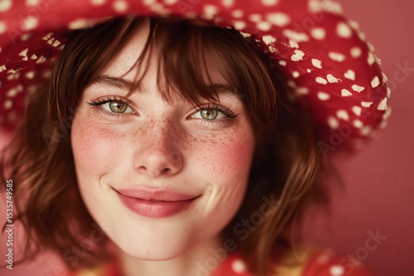 Fototapeta Smiling white woman with freckles wearing a red fly agaric mushroom hat, close-up portrait against pink background. Concept of whimsy, microdosing, and psychedelic fantasy.