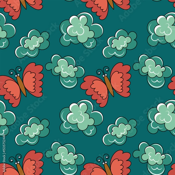 Fototapeta Seamless pattern with pink butterflies and clouds. Vector illustration