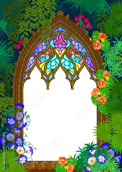 Fototapeta Background with gothic stained glass window, flowers and place for text. Illustration of fantasy fairy tale environment. Vector drawing for computer game, children's book cover, wallpaper, decoration