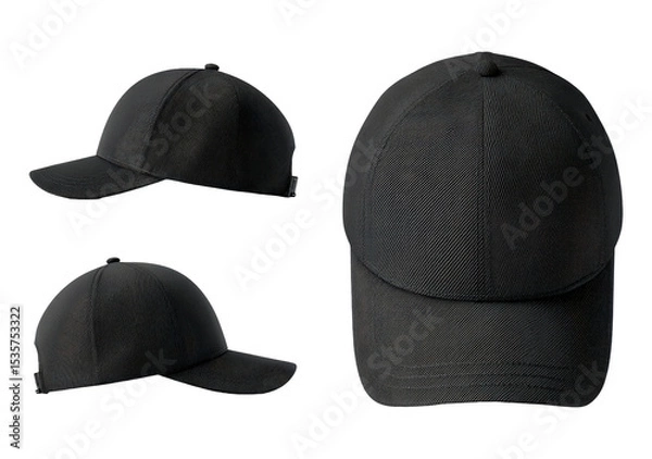 Fototapeta Black baseball cap front and side views on transparent background, PNG