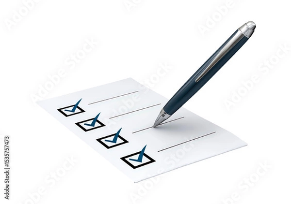 Fototapeta Checklist with blue pen and checkboxes on white paper on transparent background, PNG