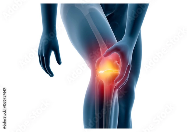 Fototapeta X-ray view of knee joint pain with highlighted inflammation on transparent background, PNG