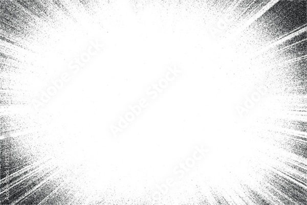Fototapeta Vector stipple burst with radial light rays and grainy dot shading on white background. Abstract sunbeam effect with vintage comic style texture.