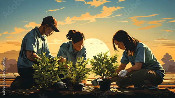 Obraz family at sunset