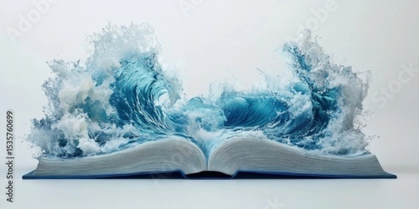 Fototapeta A captivating image of an open book with dynamic waves emerging from its pages, symbolizing creativity, knowledge, and the power of storytelling.
