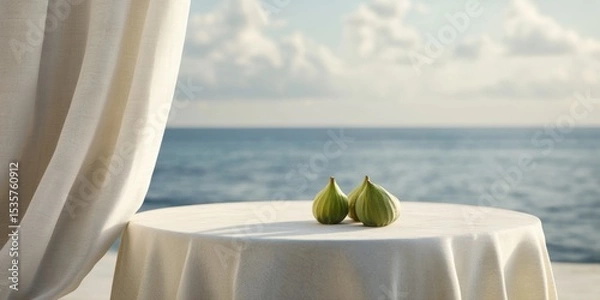Fototapeta Serene coastal scene featuring a table with fresh figs, perfect for highlighting dining experiences, culinary themes, and relaxation by the sea.