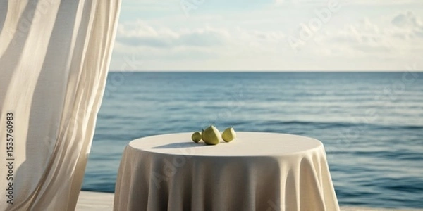 Fototapeta Serene coastal scene featuring a table with limes, evoking relaxation and summer vibes. Perfect for wellness, travel, or hospitality themes.