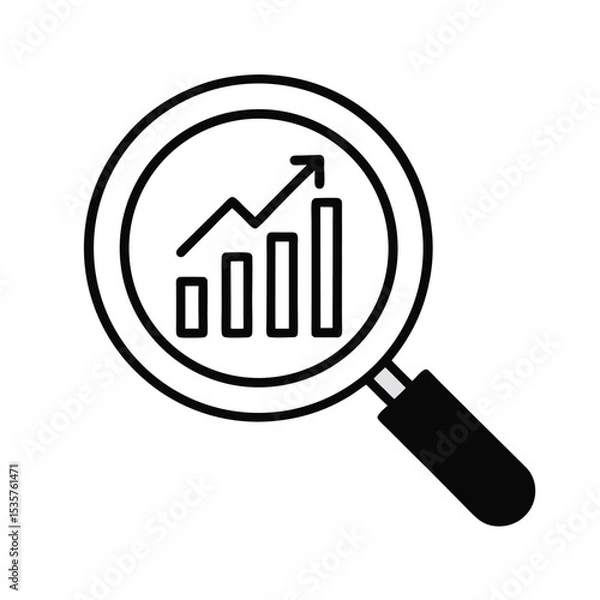 Obraz Growth Analytics Icon – Magnifying Glass with Upward Graph Outline Vector on White Background