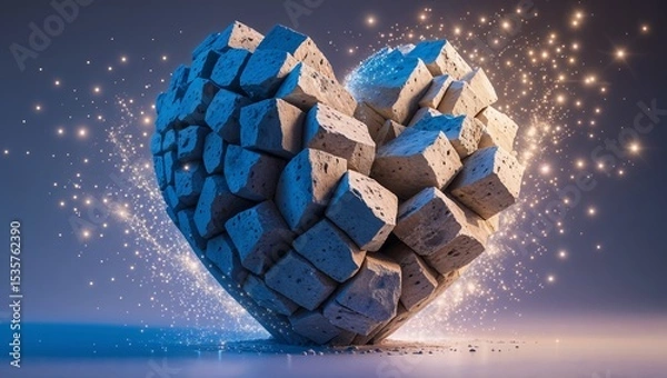 Fototapeta Block Heart with Sparkling Dust: Digital Art Symbolizing Strong and Glittering Love.