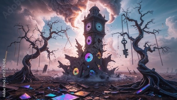 Obraz Surreal Broken Clock Tower with Keys, Chains, Trees, and Colorful Fragments in Wasteland