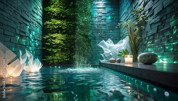 Fototapeta Tranquil Spa Pool with Lush Green Wall, Waterfall, Floating Candles, and Stone Accents