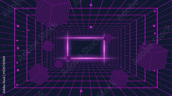 Fototapeta Retro 80s and 90s vaporwave grid line background vector design. Colorful 90s style grid line background with aesthetic glowing laser lines.