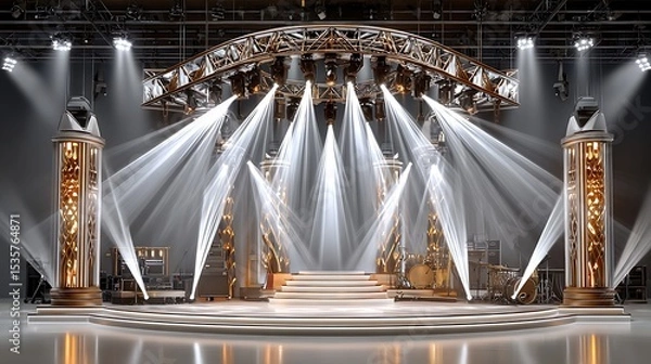 Fototapeta Elegant Stage Design with Golden Accents and Dramatic Lighting for a Theatrical Performance Venue