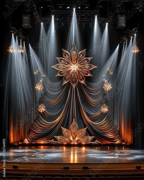 Fototapeta Opulent Stage Design Radiating Golden Elegance and Dramatic Lighting Setting a Theatrical Ambience for Grand Performances