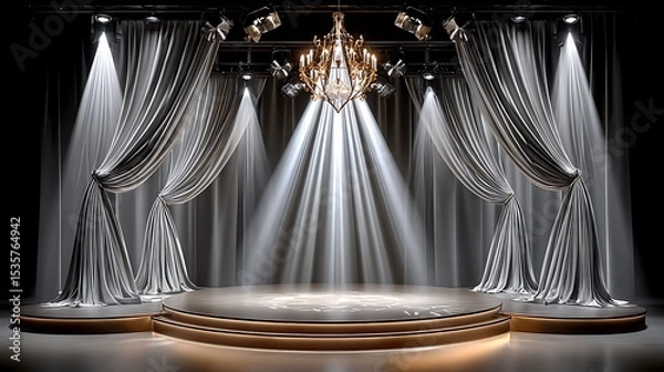 Fototapeta Opulent Stage with Silver Curtains and Glimmering Chandelier, Evoking Elegance and Performance Artistry in a Theatrical Ambience with Illuminating Spotlight