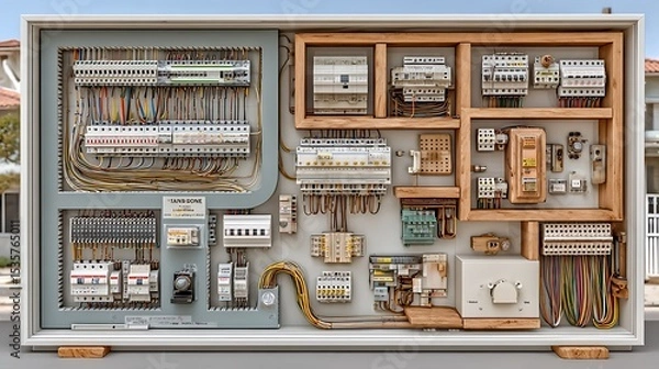 Fototapeta Detailed Electrical Panel with Intricate Wiring and Wood Framing A Showcase of Precision and Complexity in Electrical Engineering