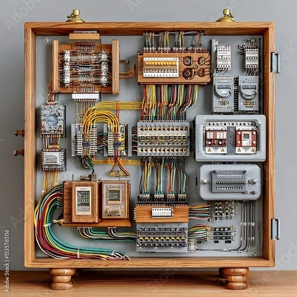 Fototapeta Intricate Vintage Electrical Panel Displaying a Complex Web of Wiring and Components Skillfully Arranged Inside a Wooden Frame