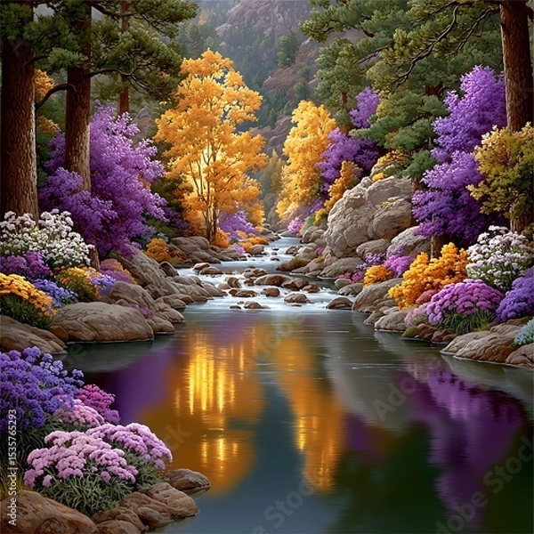 Fototapeta A Colorful Autumn River Scenery with Blooming Flowers and Shining Reflections a Peaceful Nature Retreat with Majestic Trees
