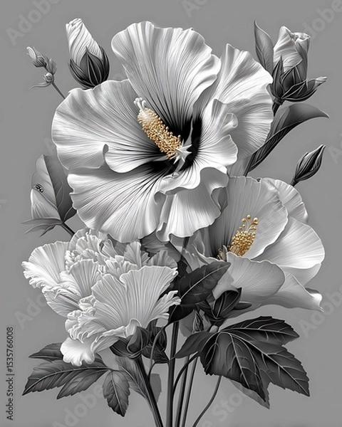 Fototapeta Elegant Hibiscus Arrangement A Study in Monochrome Floral Artistry with a Touch of Golden Stamen Glimmer