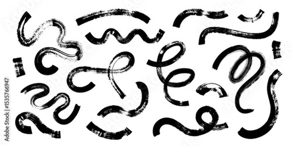 Obraz Dry ink brush stroke scribbles collection in abstract curved shapes. Grunge swirl accents with bold marker texture and dynamic movement. Vector illustration