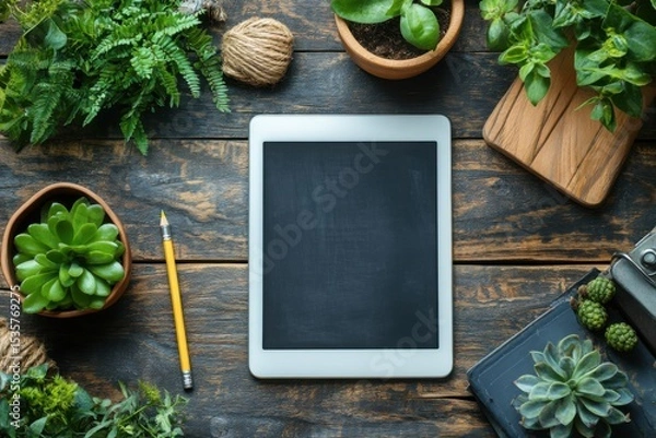 Fototapeta Flatlay of Tablet Succulents Herbs Rustic Wood Background Blank Screen