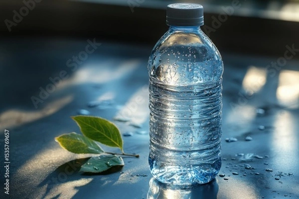 Fototapeta Refreshing Bottled Water with Condensation on a Dark Surface Green Leaves