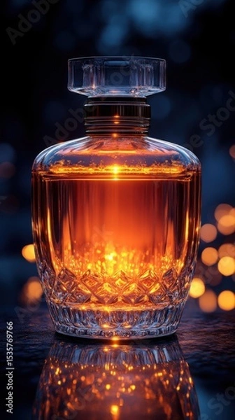 Fototapeta Illuminated Crystal Decanter of Amber Liquid Glowing at Night Reflective Surface