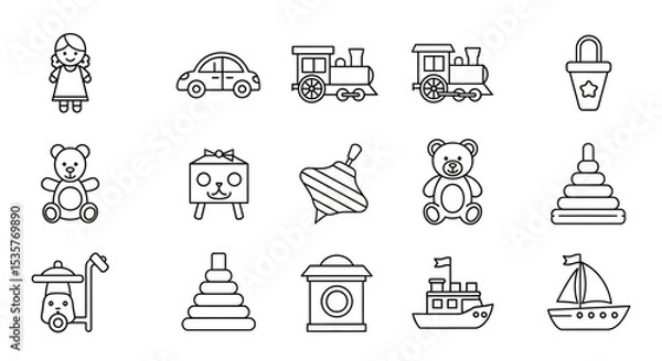 Fototapeta Children's toys line icon set. Doll, car, train, top, teddy bear, pyramid, boat and others. Outline vector icon in linear style. Conceptual pictogram collection, in black and white design
