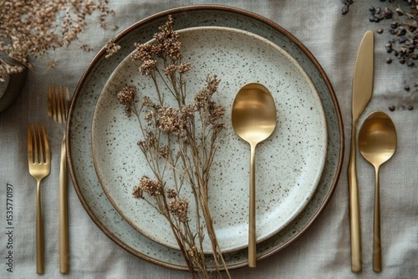 Fototapeta Elegant Rustic Table Setting with Gold Cutlery Dried Flowers and Speckled Plates