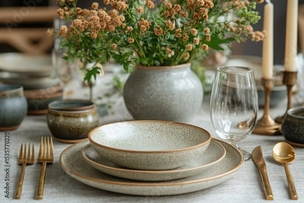 Fototapeta Rustic Farmhouse Table Setting with Speckled Grey Pottery Dried Flowers and Gold Cutlery