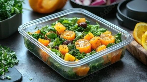 Fototapeta Healthy Vegan Salad with Roasted Butternut Squash Spinach and Olives in a Glass Container