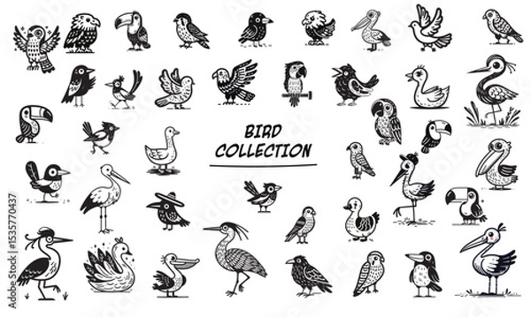 Obraz Huge collection of black line doodle birds, set of the birds hand drawn style