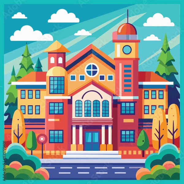 Fototapeta Modern house building vector design with sunny background and neighborhood illustration for property content