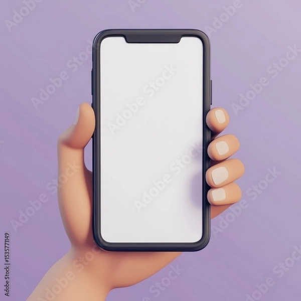 Fototapeta 3D cartoon render of a hand holding a smartphone with a blank white screen, against a purple background