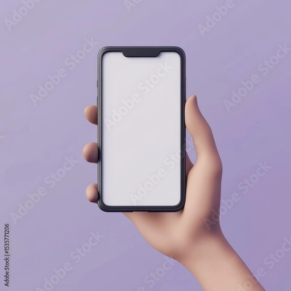 Fototapeta 3D cartoon render of a hand holding a smartphone with a blank white screen, against a purple background