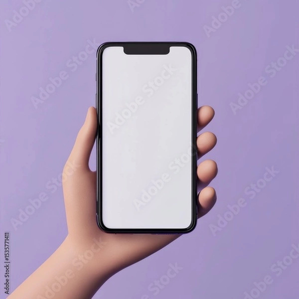 Fototapeta 3D cartoon render of a hand holding a smartphone with a blank white screen, against a purple background