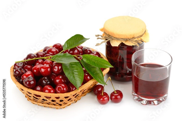 Fototapeta Glass of juice, basket of red cherries and jar of jam isolated on white