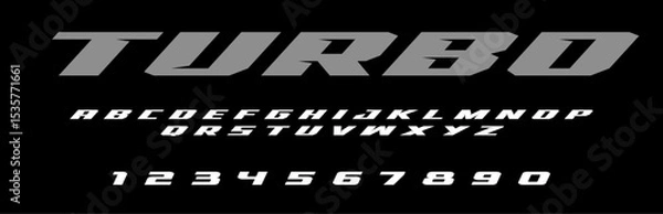 Fototapeta Turbo lettering font Vector silver effect graphic design. Apparel clothing prints eps svg png. Motorsport designs posters stickers. Download it Now in high resolution format and print it in any size